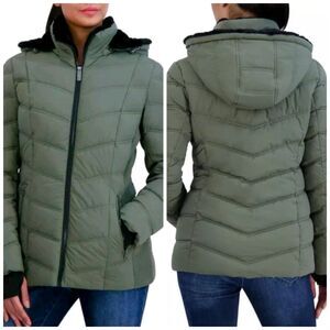 Nautica Puffer Coat Olive Green Faux Fur Hood Jacket Water Resistant Womens S